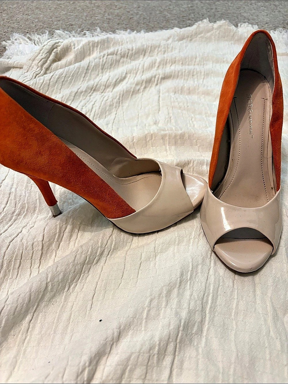 BCBG Generation Two-Tone Peep Toe Heels in Orange & Beige